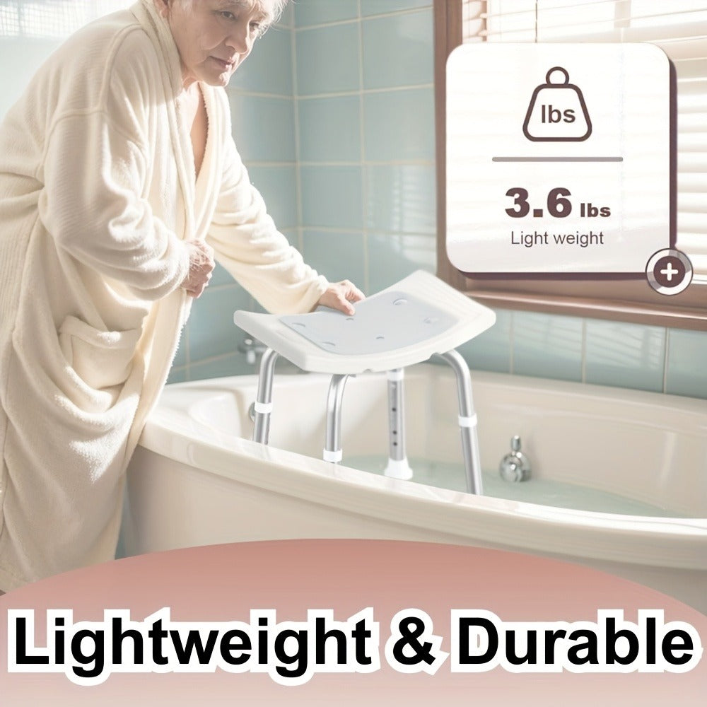 Aluminum Shower Chair 6-Level Adjustable Height Bath Stool Extra Wide Seat Tool-Free Assembly Anti-Slip Feet Lightweight Ergonomic Bath Seat for Elderly Disabled Pregnant Women Post-Surgery Recovery Bathroom Safety White