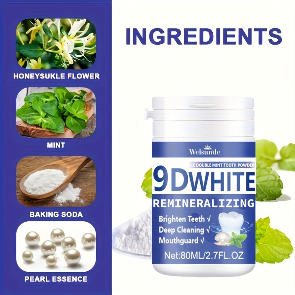 Teeth Whitening Tooth Powder 3-Pack ¨C 9D White Deep Cleaning Dental Powder with Fresh Mint Flavor, 80ml Each, Removes Stains, Freshens Breath, Travel-Friendly Daily Dentifrice for Women and Men