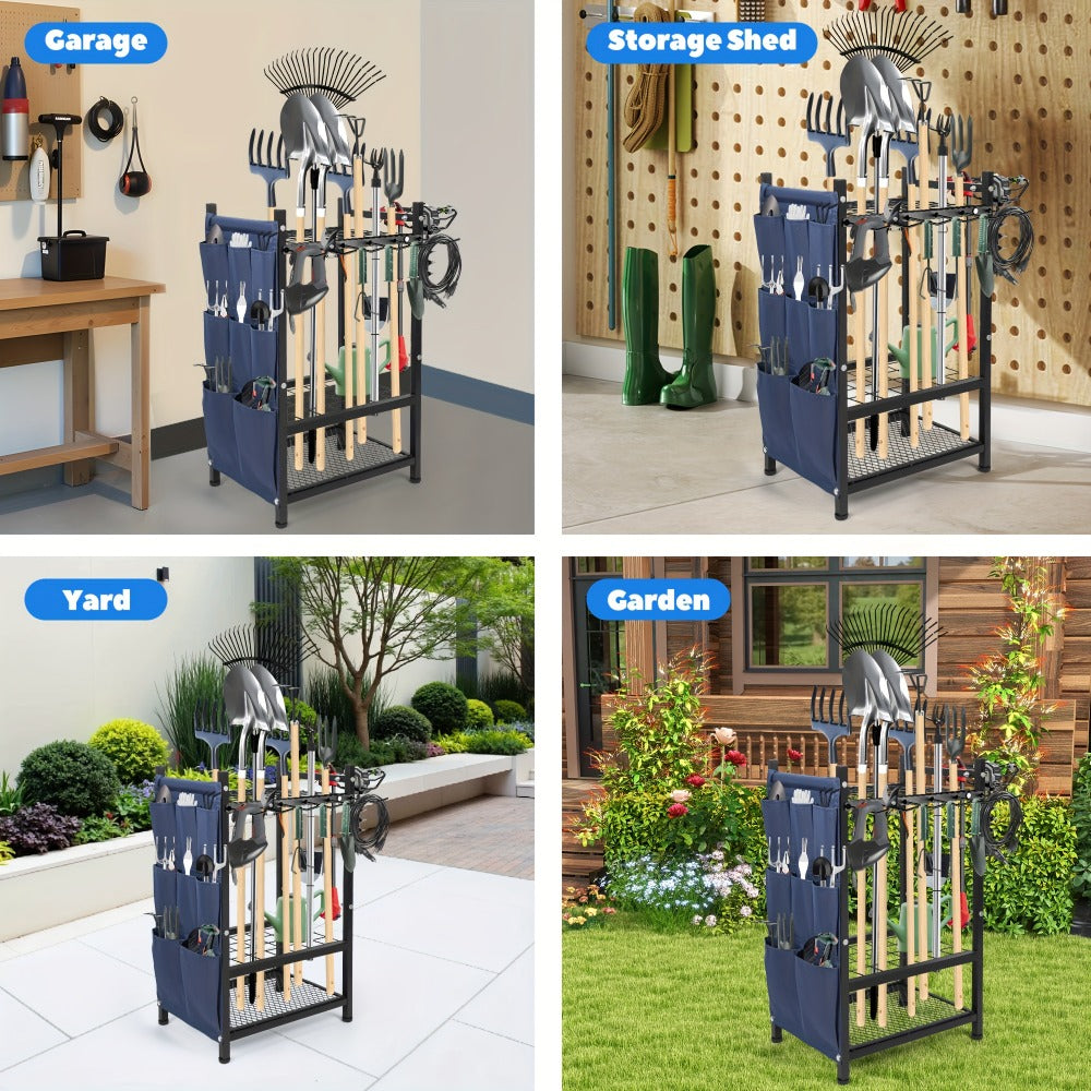 Tool Storage Rack with Storage Bag ¨C Metal Yard Tool Organizer for Garage Holds 35 Long-Handled Tools, Broom, Shovel, Rake Stand Holder, Heavy Duty Freestanding Garden Tool Rack for Outdoor & Yard, Black