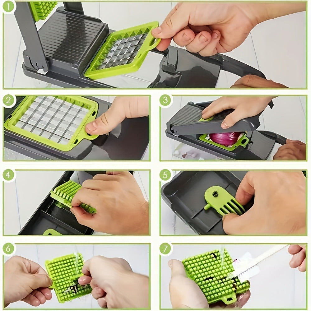 16-in-1 Vegetable Chopper Set with 8 Interchangeable Blades, Manual Food Chopper with Container, Peeler & Filter for Onion, Garlic, Carrot ¨C Kitchen Prep Tool
