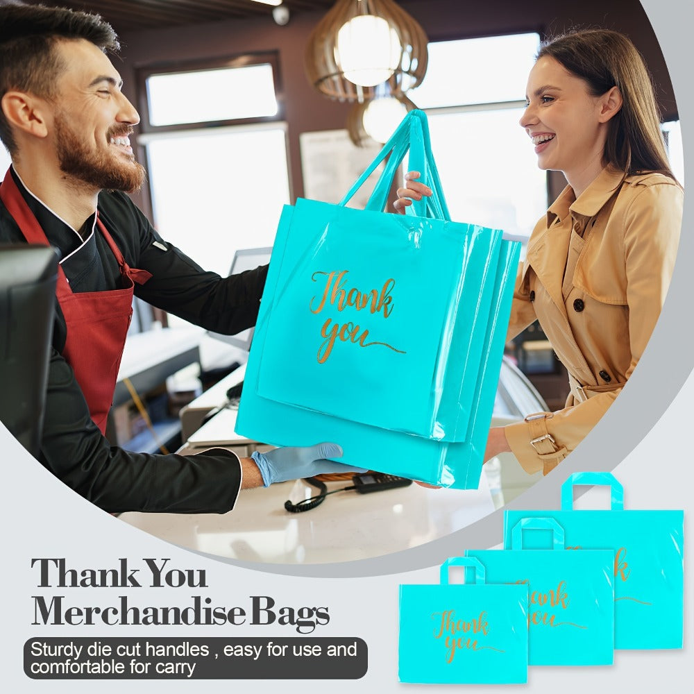 Thank You Bags with Handles 200pcs Bulk Plastic Shopping Bags 3 Sizes Retail Boutique Merchandise Bags Sky Blue 9x12 12x15 15x18