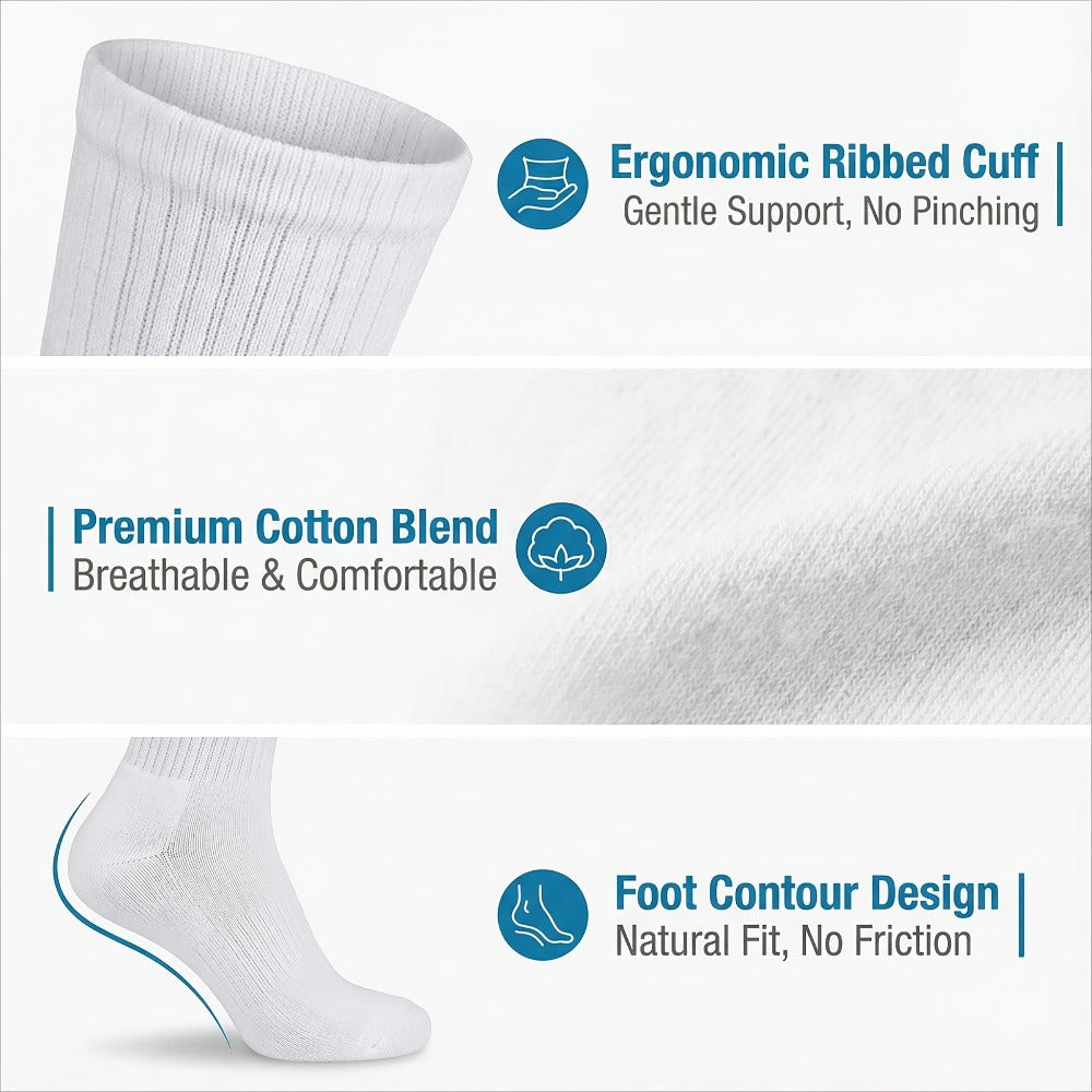 Multicolor Diabetic Crew Socks 12 Pairs Cotton Non-Binding Neuropathy Seamless Cushioned Loose Fit for Men Women Sensitive Feet Edema White Black Grey Size 9-11 10-13