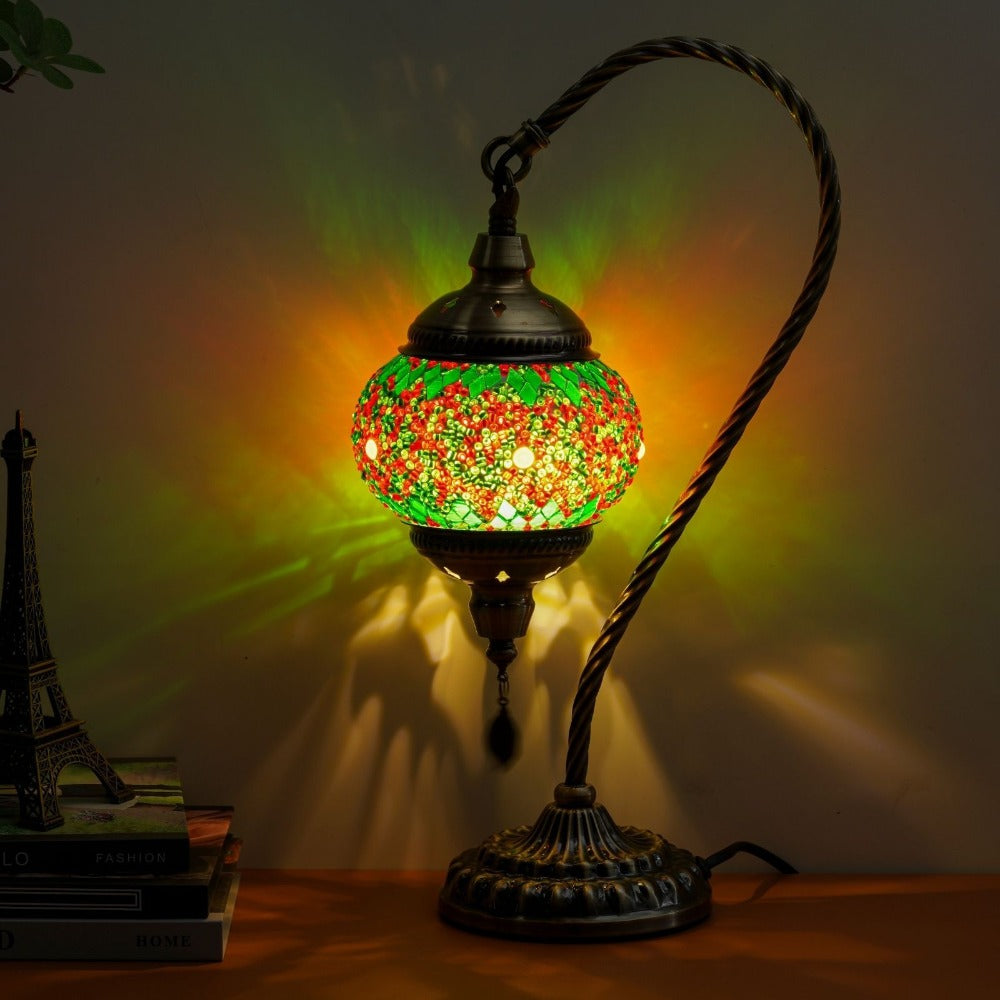Mosaic Table Lamp Turkish Moroccan Style Handmade Swan Neck Glass Bedside Lamp 3 Color Modes LED Bulb Included Metal Base for Bedroom Living Room