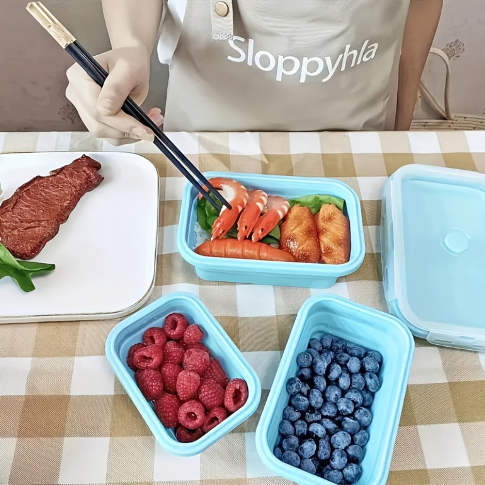Foldable Meal Prep Containers Set of 4 - Airtight Lids, 4 Sizes, Microwave Dishwasher Refrigerator Safe, Stackable Food Storage for Lunch, Meal Prep, RV, Outdoor Snacks - Green, Red, Blue