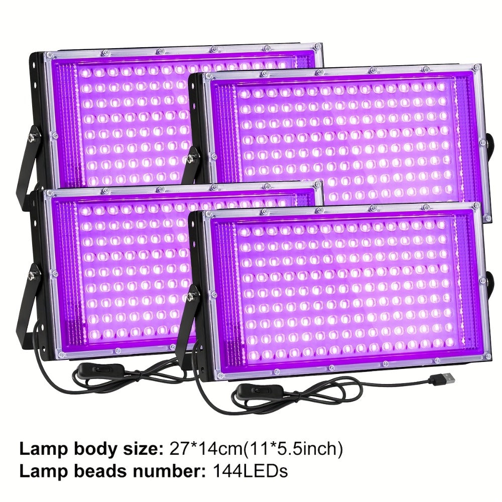 UV Black Light Flood Light 144 LED 385-400nm with USB Plug & Switch ¨C Glow in the Dark Effect for Halloween Party Stage Lighting Body Paint Neon Poster Blacklight, Durable Plastic, 4 Pack