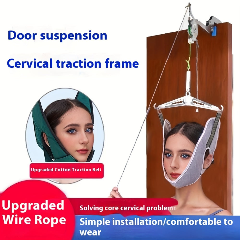 Cervical Traction Device with Handle, Adjustable Neck Traction Belt & Shoulder Massager, Spinal Decompression Pillow for Muscle Tension Relief, Durable Iron & Nylon Home Neck Stretcher