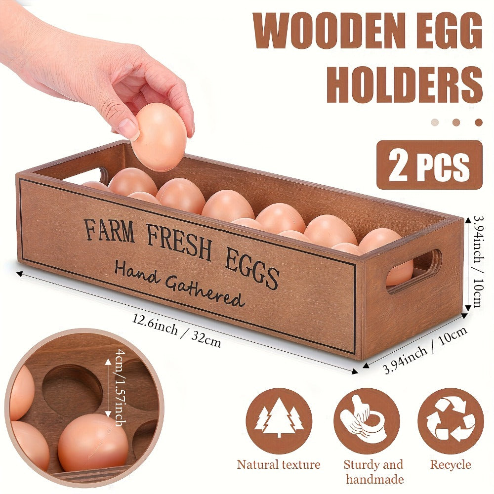 Farmhouse Wooden Egg Holder Rack 2pcs - 24 Egg Storage Display with Handle for Kitchen, Farm, Easter