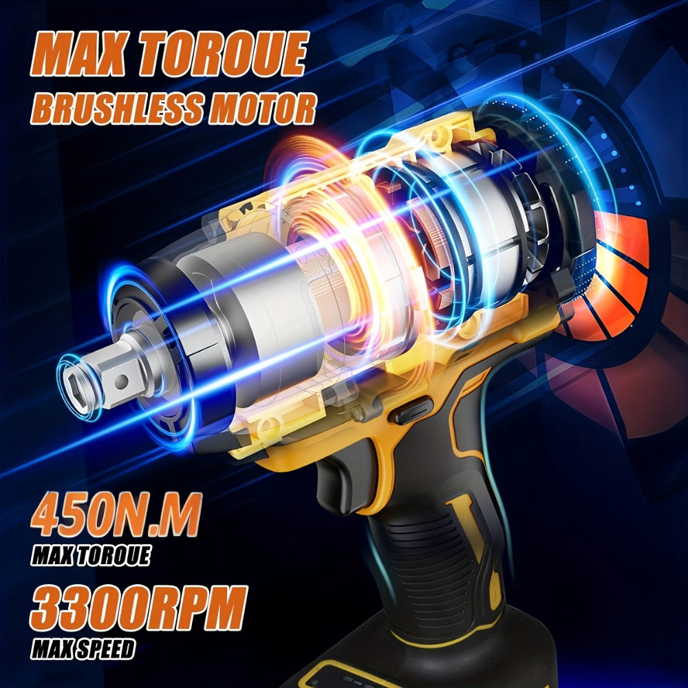 Cordless Impact Wrench 1/2 Inch Brushless ¨C 450N.m 259Ft-lbs High Torque Impact Gun, 3300RPM Variable Speed, 12 Sockets, Fast Charger & Dual Battery Options for Auto Repair & Home Use