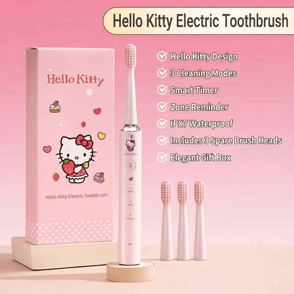 Sanrio Electric Toothbrush Hello Kitty & Pochacco - 4 Cleaning Modes, 4 Intensity Levels, 3 Replacement Brush Heads, 2-Minute Smart Timer, Cute Design Gift for Girls, Birthday, Graduation, Christmas