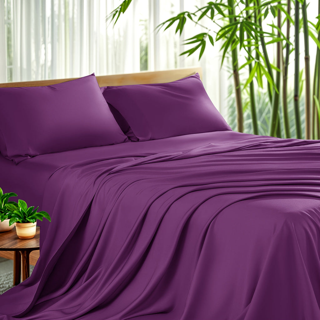 Bamboo Sheet Set 4pcs Cooling Deep Pocket Wrinkle Resistant Bedding All-Season Fitted Flat Sheet 2 Pillowcases Gift Box