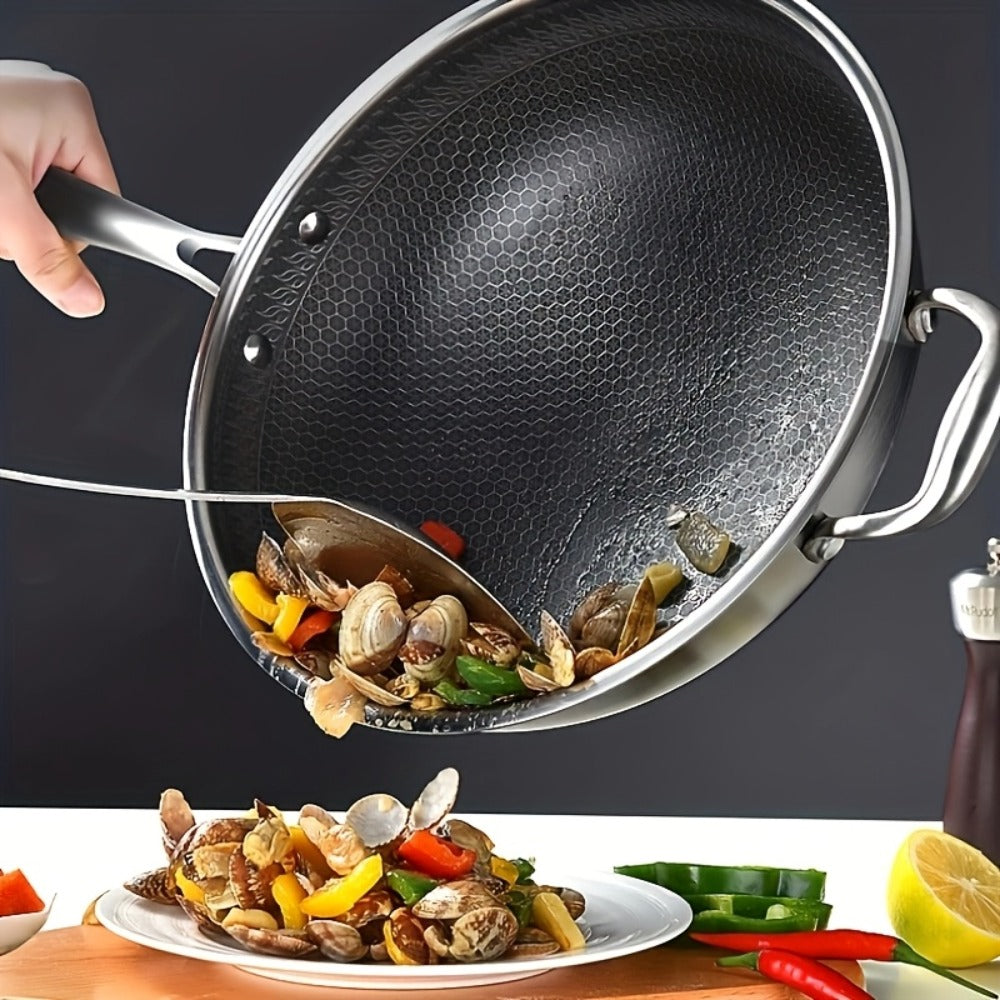 Stainless Steel Wok Set 13.3 Inch Non-stick Honeycomb Design with Lid & 2 Cookware Accessories ¨C Induction Compatible Cooking Pan for Electric Ceramic Gas Stove, Dishwasher Safe
