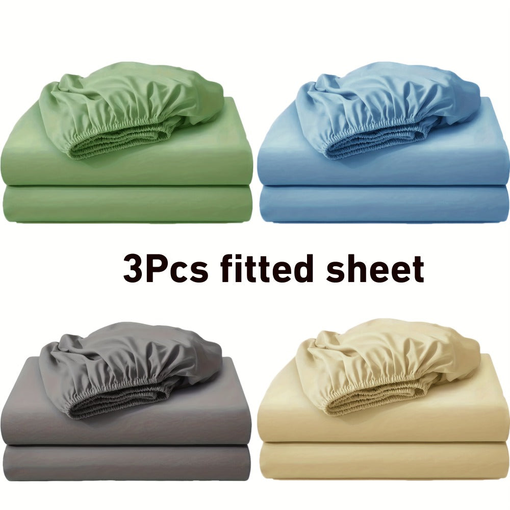 Fitted Sheet Set 3pcs with 2 Pillowcases | Soft Solid Color Bed Sheets Twin Full Queen King