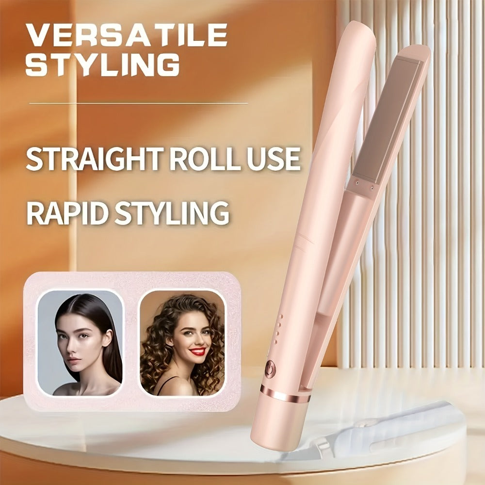 Wireless Hair Straightener and Curling Iron 2-in-1 Ceramic Cordless Hair Styler USB-C Rechargeable 3-Speed Adjustable Temperature Portable Travel Hair Tool Women Gift Pink White