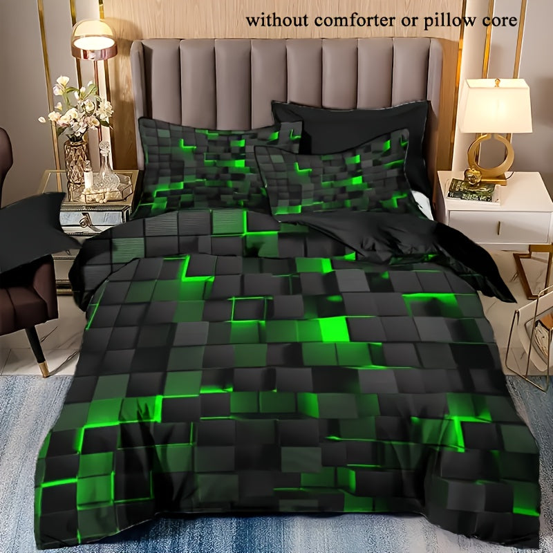 Duvet Cover Set Queen King Twin Full 3D Geometric Cube Print | 3-Piece Polyester Bedding Set | Black Blue Grid Pattern | All-Season Soft Quilt Cover + 2 Pillowcases | Machine Washable