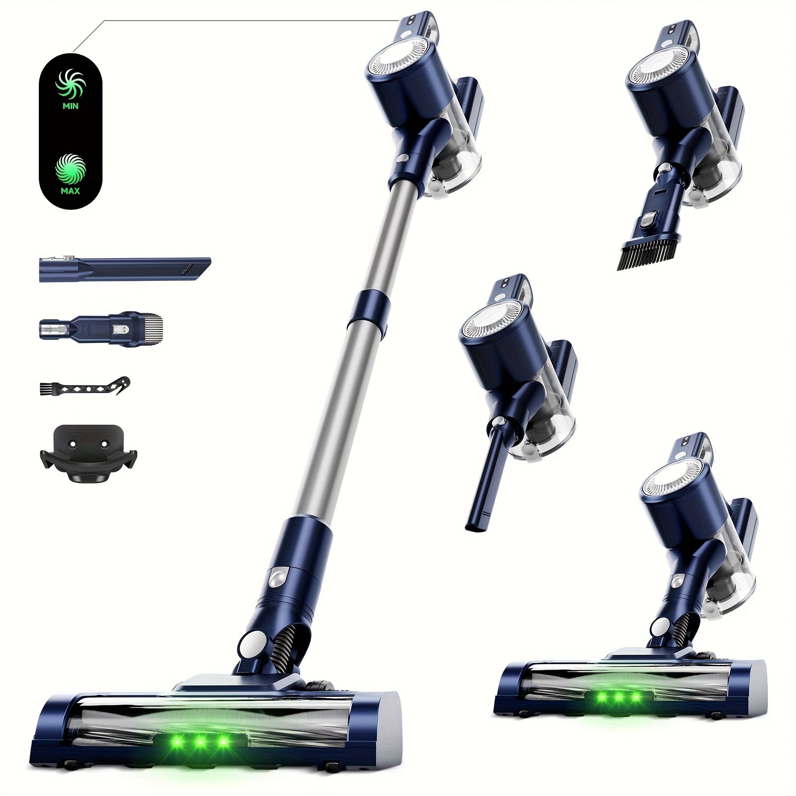 Anti-Tangle LED Vacuum Cleaner 55-69Kpa Corded & Cordless with Green LED Brush, Removable Battery & Multiple Suction Levels - Up to 45 Min Runtime for Carpets, Pet Hair & Hardwood Floors, 7 Colors