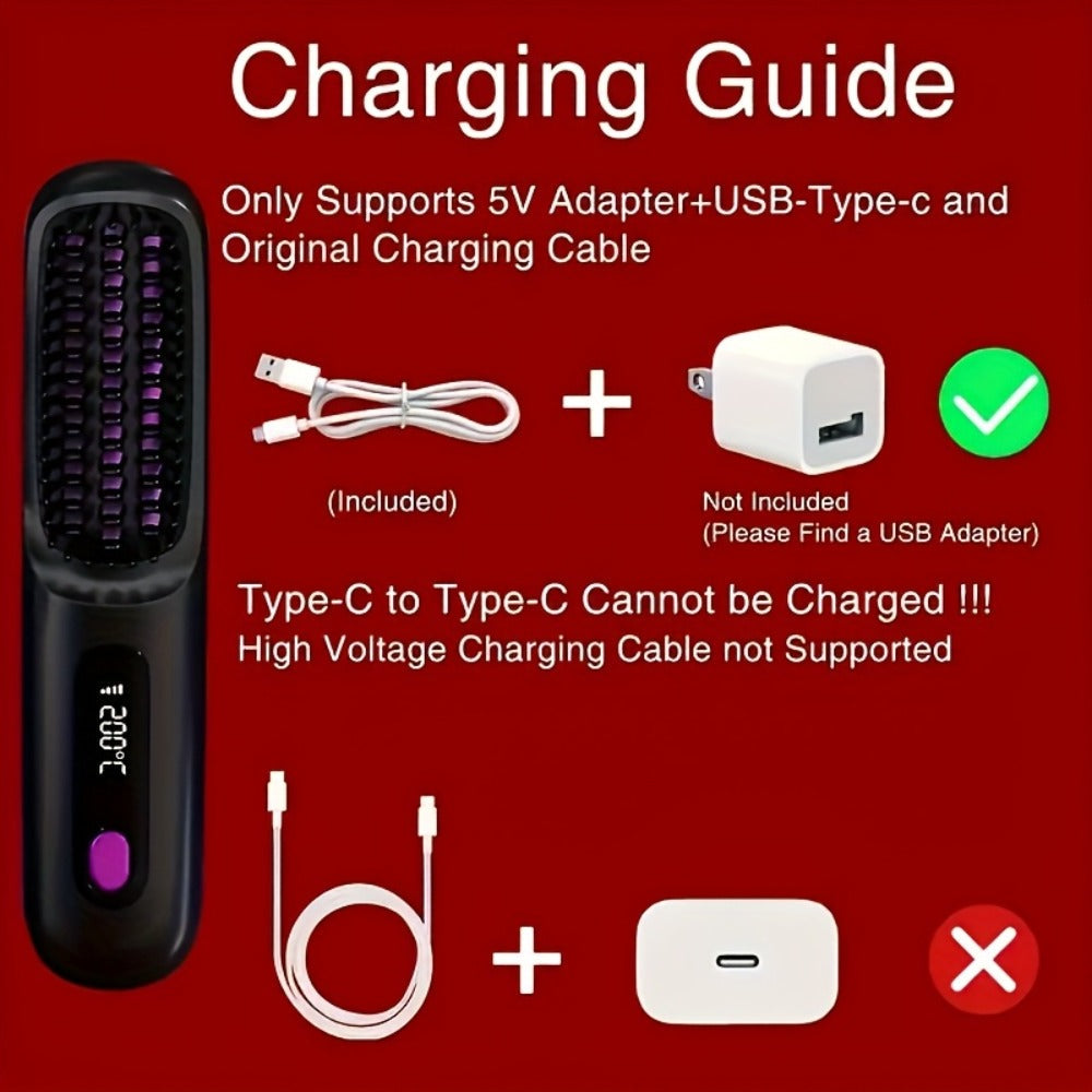 Portable Wireless Hair Straightener Comb USB Rechargeable 3-Speed Temp Control Negative Ion LED Display Lightweight for Travel