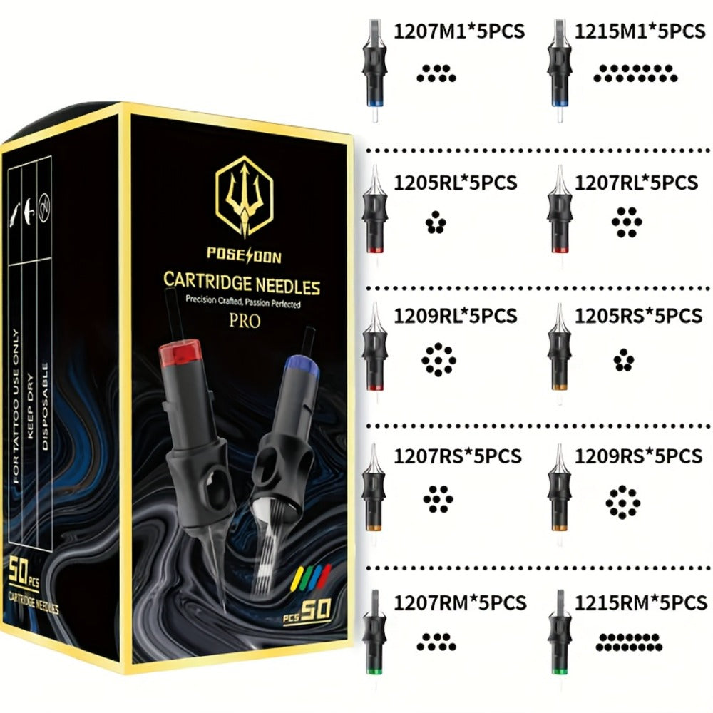 Tattoo Cartridge Needles 50pcs Mixed Size ¨C POSEIDON V5 Disposable Round Liner, Shader & Curved Needles (5RL 7RL 9RL 5RS 7RS 9RS 7RM 7M1 15M1 15RM) with Safety Membrane
