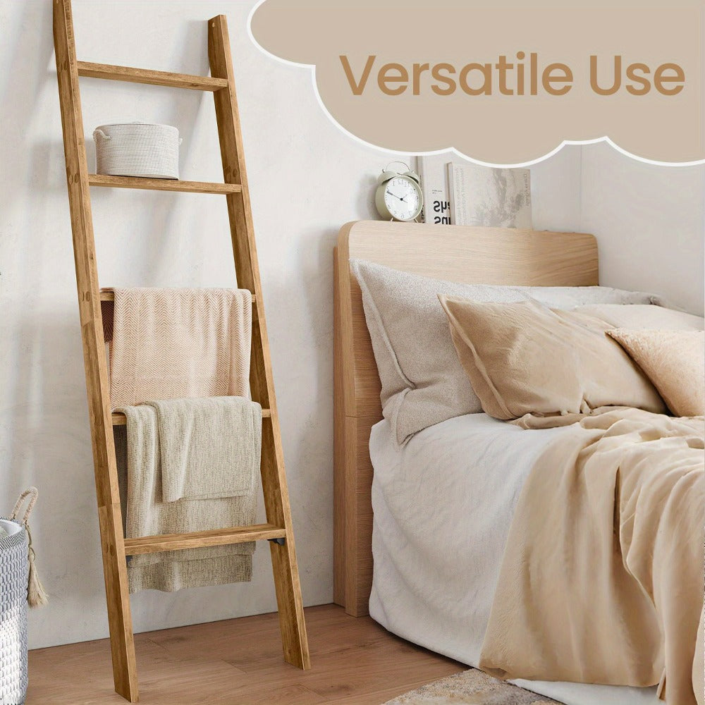 Blanket Ladder Shelf 5-Tier Freestanding Wood Ladder Rack for Blankets Towels Books Decor, Modern Farmhouse Ladder Shelf Wall Leaning Storage Organizer for Living Room Bedroom, 4 Colors