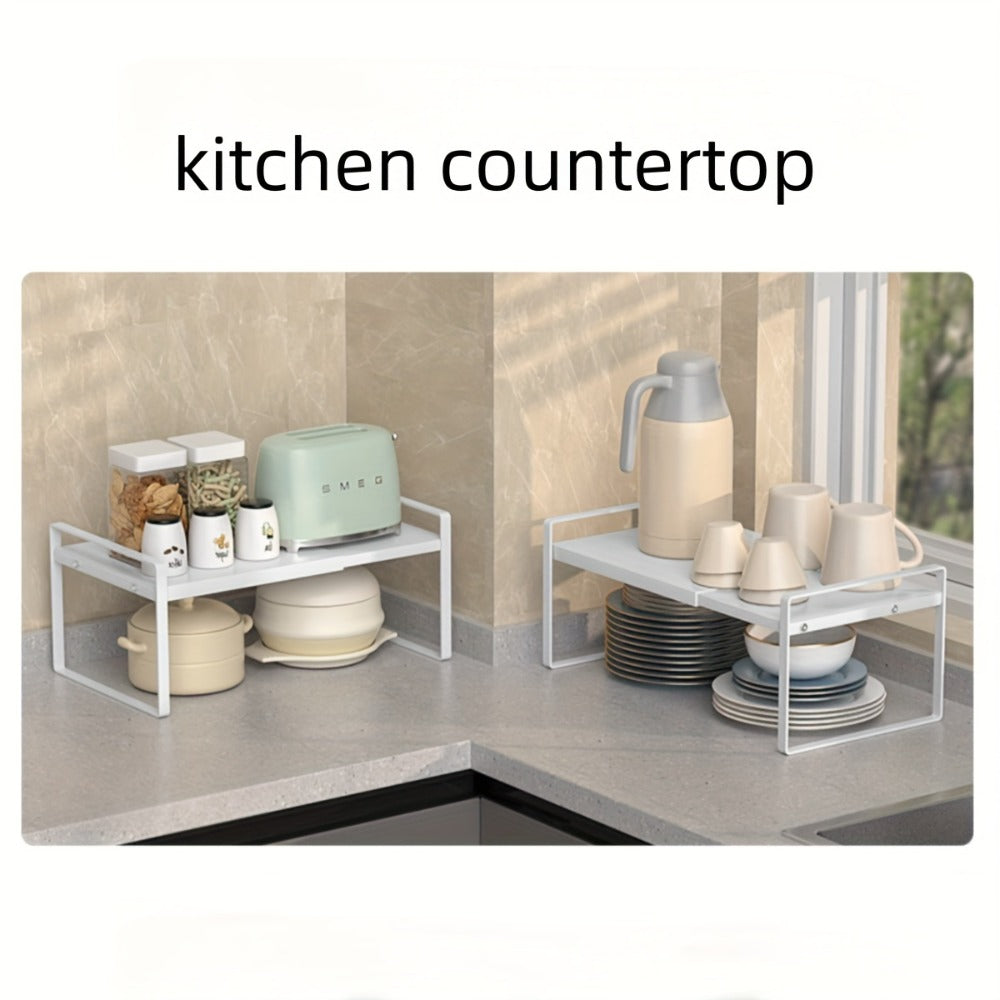 Expandable Cabinet Shelf Organizer Riser ¨C Height Adjustable Retractable Rack with Suction Cup Base for Kitchen Pantry Cupboard Under Sink Countertop, Heavy Duty Metal Space Saver, Stackable Storage