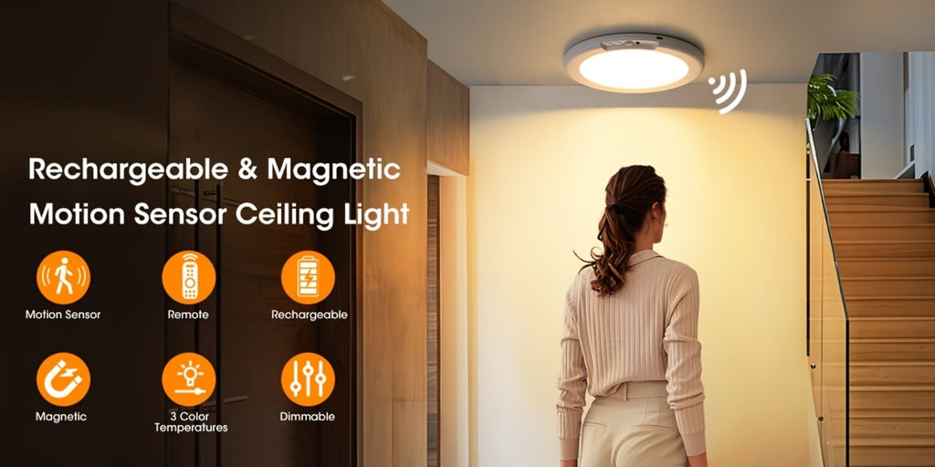 Rechargeable LED Ceiling Light with Motion Sensor ¨C Remote Control Dimmable, 3 Color Temps 3000K/4500K/6500K, 10 Brightness Levels, Battery Operated Closet Light for Bathroom Hallway Pantry Porch