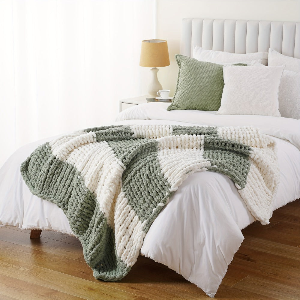 Chunky Chenille Cable Knit Throw Blanket ¨C 350-400gsm Soft Warm Crochet Throw for Sofa, Bed & Couch, Vintage Patchwork, 14 Colors