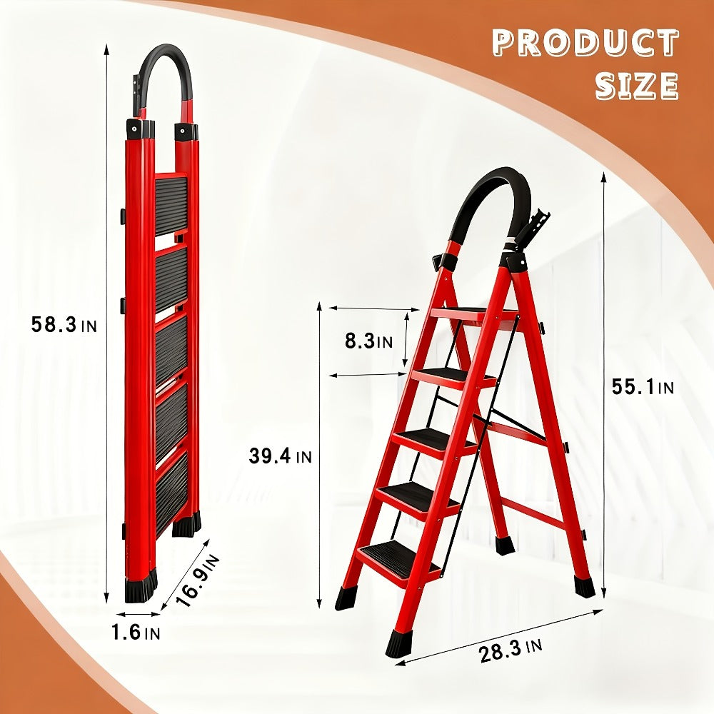 Folding Step Stool 5 Step 500 LBS Anti-Slip ¨C No Assembly, One-Hand Fold, Soft Grip Handle, Wide Pedals, Auto Safety Lock, Portable Lightweight Ladder for Home, Kitchen, Bedroom & Industrial Use