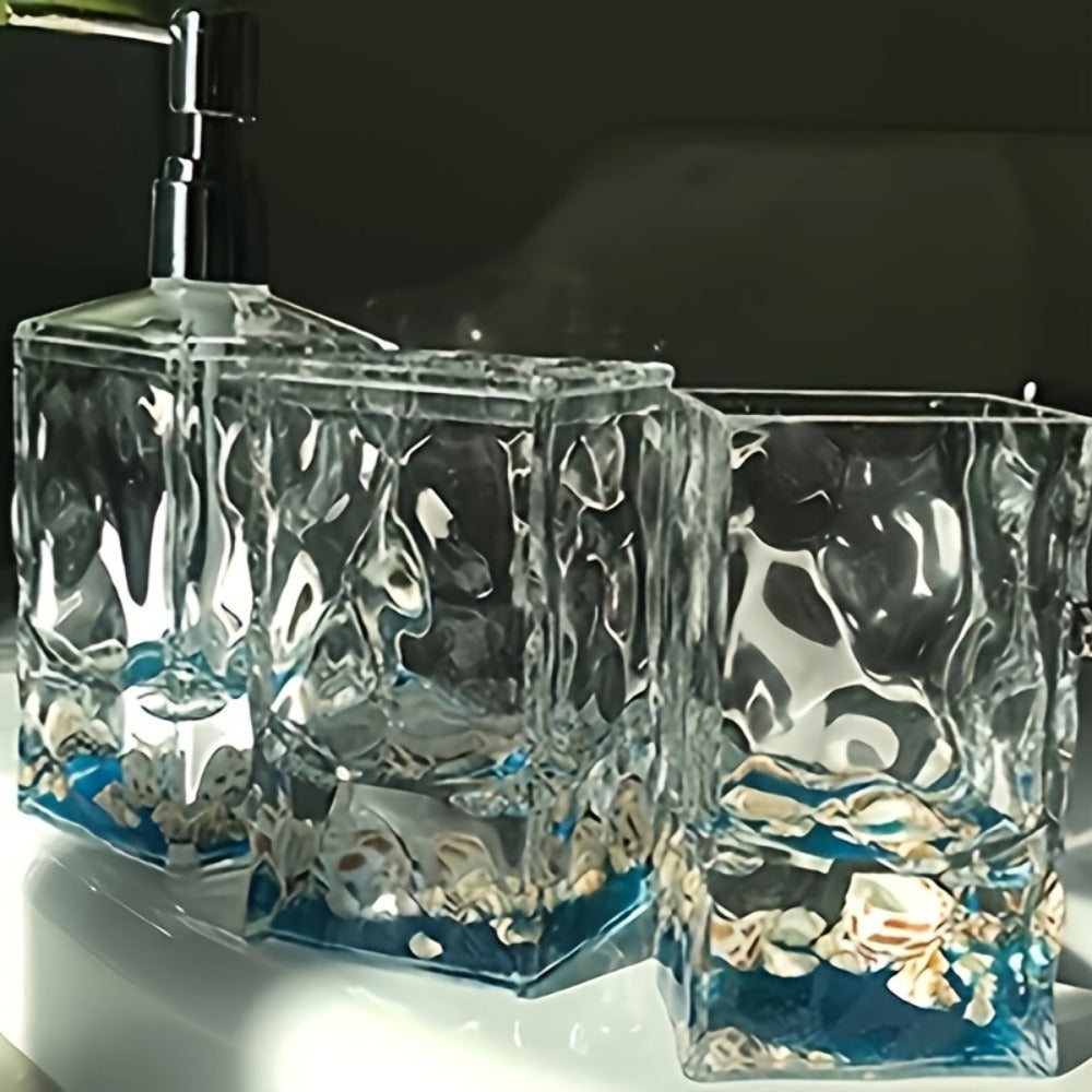 Bathroom Accessory Set 4-Piece 3D Floating Motion Acrylic Liquid Vanity Kit - Tumbler, Toothbrush Holder, Soap Dispenser & Soap Dish, Handcrafted Shell & Leaf Decor, Ocean Dolphin Conch Leaf Styles