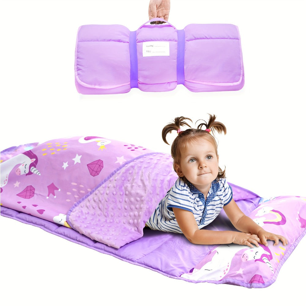 Kids Nap Mat with Pillow Foldable Lightweight Minky Dot Cooling Breathable Portable Preschool Daycare Mat with Name Tag Dinosaur Mermaid Swan Design Gift for Girls Boys Toddlers