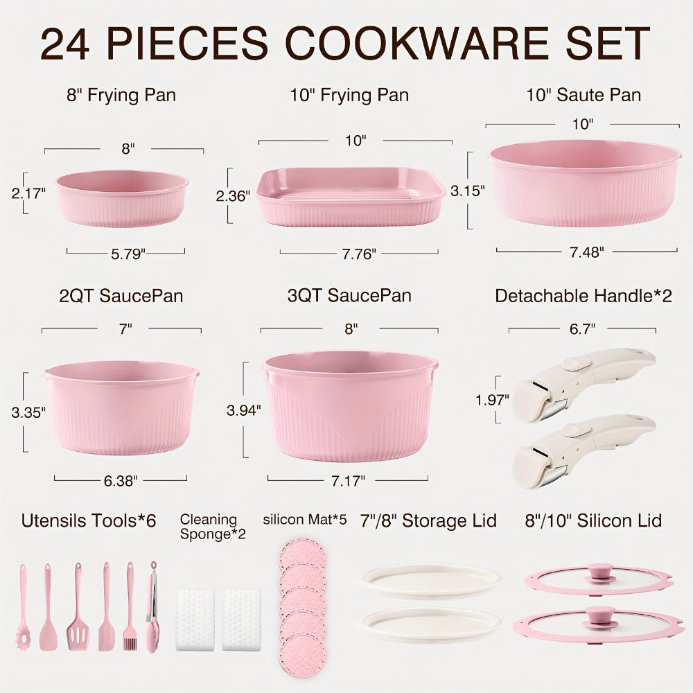 Nonstick Cookware Set 5/7/24 Piece Induction Ready with Detachable Handles ¨C Stackable Pots & Pans Set Includes Skillet Frying Pan Soup Pot Steak Pan for Home RV Kitchen, Multiple Colors