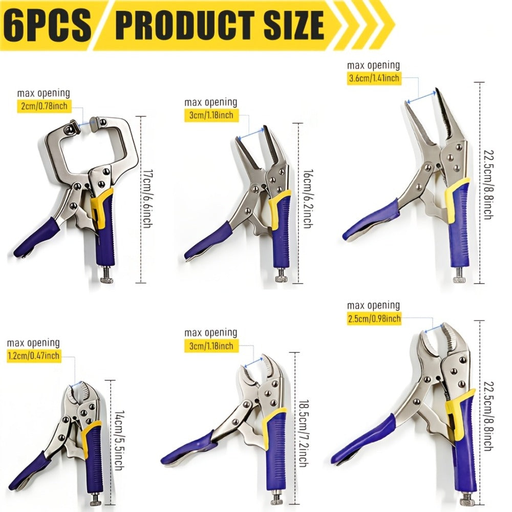 Locking Pliers Set 6pcs Heavy Duty, Includes Needle Nose Pliers 6.5¡± & 9.5¡±, Curved Jaw Locking Pliers 5¡± 7¡± 10¡±, C-Clamp L-Type Pliers with Roll Bag & Ergonomic Metal Handles for Auto, DIY & Workshop