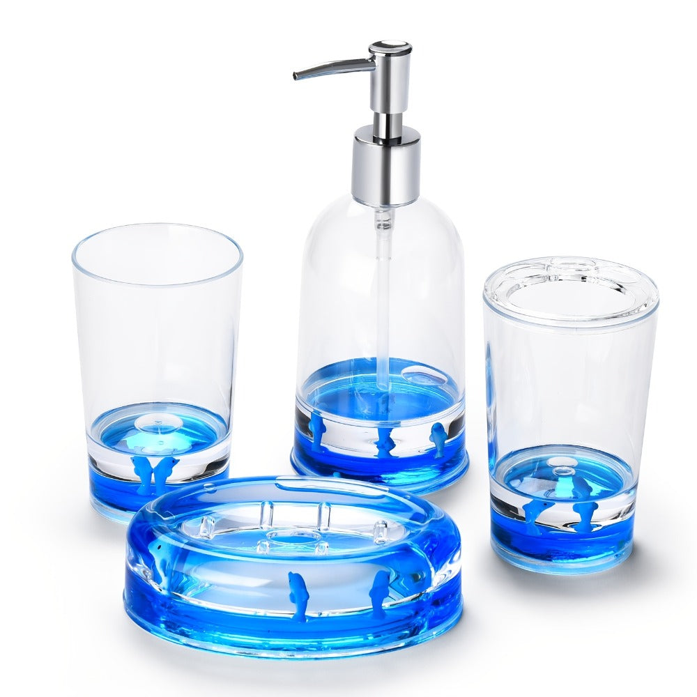 Bathroom Accessory Set 4-Piece 3D Floating Motion Acrylic Liquid Vanity Kit - Tumbler, Toothbrush Holder, Soap Dispenser & Soap Dish, Handcrafted Shell & Leaf Decor, Ocean Dolphin Conch Leaf Styles