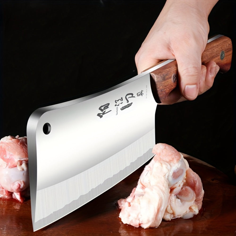 Meat Cleaver Heavy Duty Stainless Steel - Sharp Butcher Knife for Cutting Meat & Bones, Multi-Purpose Kitchen Chopper with Wooden Handle