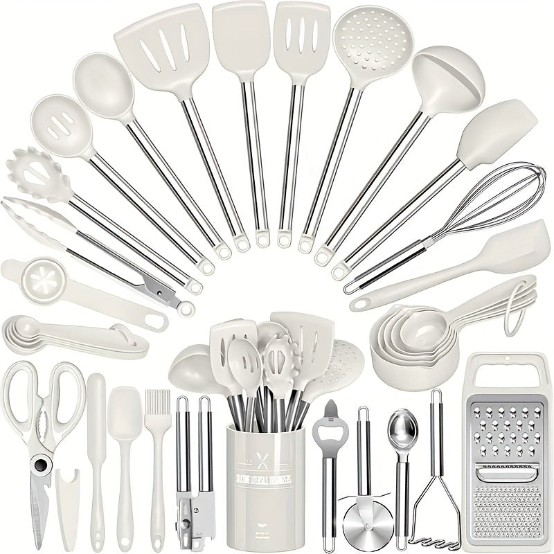 Silicone Cooking Utensils Set 34 Piece with Stainless Steel Handle, Heat Resistant Kitchen Gadgets Tools for Nonstick Cookware, Spatulas Spoons Tongs Whisk Complete Kitchen Accessories Gift Set