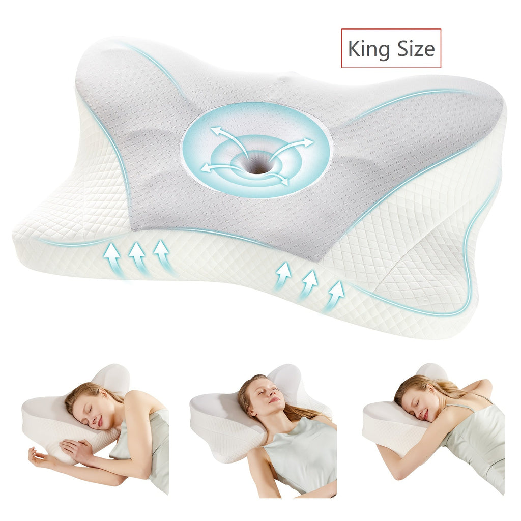 Memory Foam Cervical Pillow Ergonomic Contour Neck Support Orthopedic Bed Pillow for Side Back Stomach Sleepers with Cooling Pillowcase Queen King