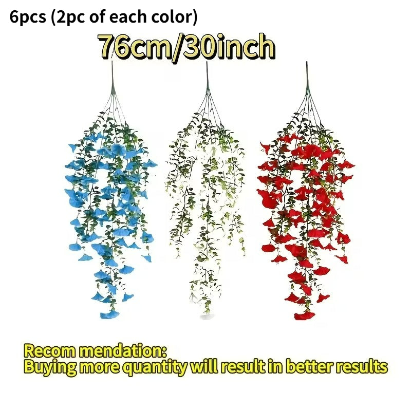 Artificial Hanging Morning Glory Flowers 6pcs - Red White Blue Fake Flower Vines for Home Garden Outdoor Indoor Decor, Independence Day Memorial Day Decoration, No Maintenance Plastic Blooms