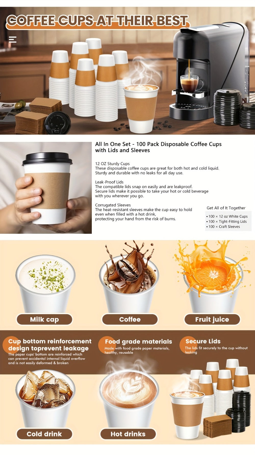 Disposable Paper Coffee Cups with Lids and Sleeves 12oz ¨C Leak-Proof To-Go Hot Coffee Cups with Insulated Sleeve for Home, Office, Party & Coffee Bar | 50 or 100 Pack