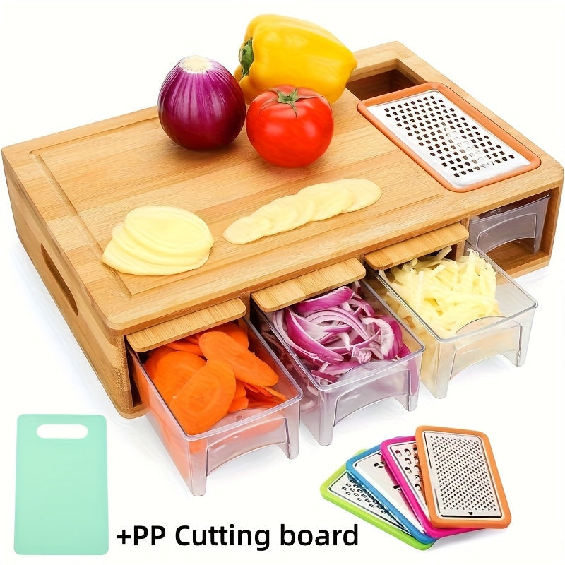 Bamboo Cutting Board with Trays & Drawers ¨C Large Butcher Block Chopping Board with Food Sliding Opening, Stackable Airtight Storage Trays & Bamboo Lids ¨C Kitchen Carving Board Gift for Home Cooks