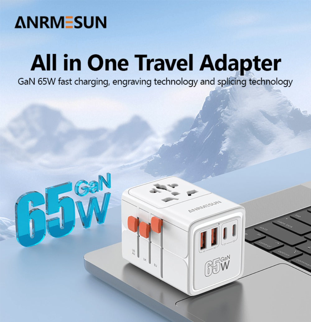 65W Universal Travel Adapter with 4 USB Ports - 2 USB-C & 2 USB-A Fast Charging, US EU UK AU Plugs, 100-240V Input, Overload & Short Circuit Protection, 200+ Countries, White & Black