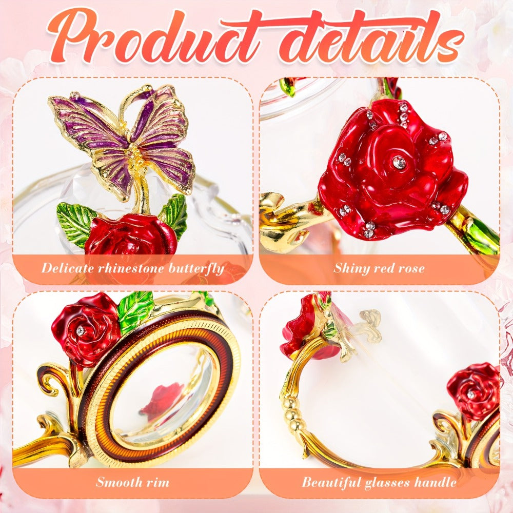 Flower Glass Tea Cups with Lids and Spoon 4 Sets Butterfly Vintage Floral Clear Glass Coffee Mugs 12oz Gift for Women Mom Wife Girlfriend Mother's Day Pink Purple Blue Red