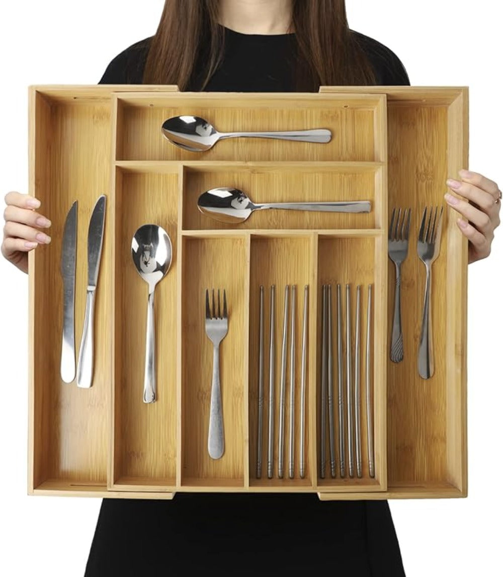 Bamboo Drawer Organizer Expandable Adjustable 9-Compartment Silverware Tray Cutlery Utensil Holder for Kitchen Drawer Office Desk Bedroom Eco-Friendly Bamboo Storage Divider Organizer