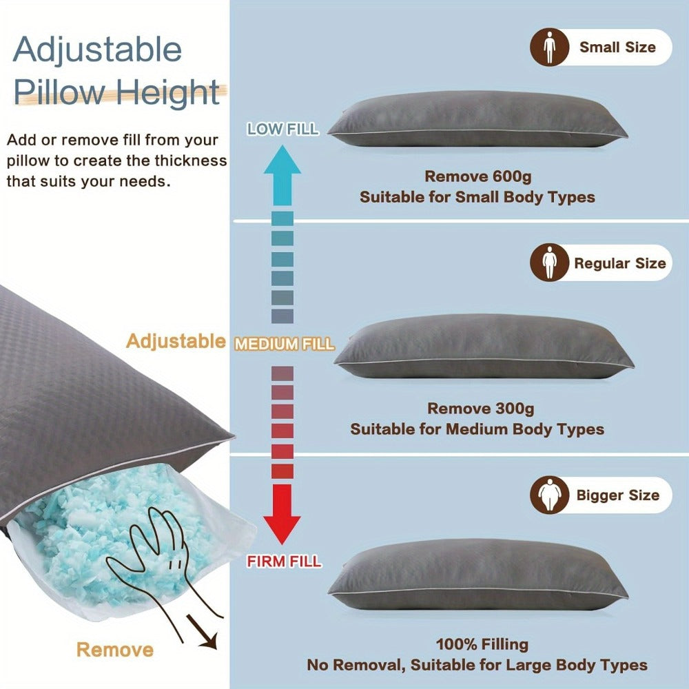 Body Pillow for Adults Full Body Support - Memory Foam Shredded Fill, Washable Pillowcase, 20x54 Inch, White & Grey