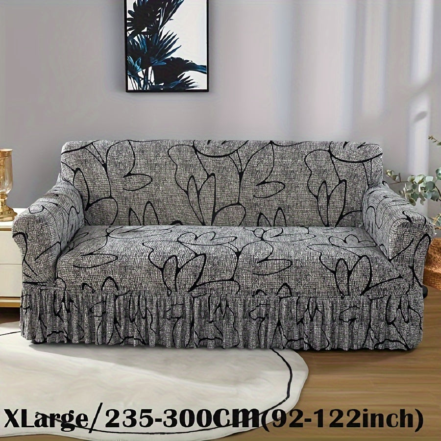 Printed Sofa Cover with Skirt Elastic Four Seasons Universal Furniture Protective Slipcover for Bedroom Office Living Room - 1 2 3 4 Seater Gray