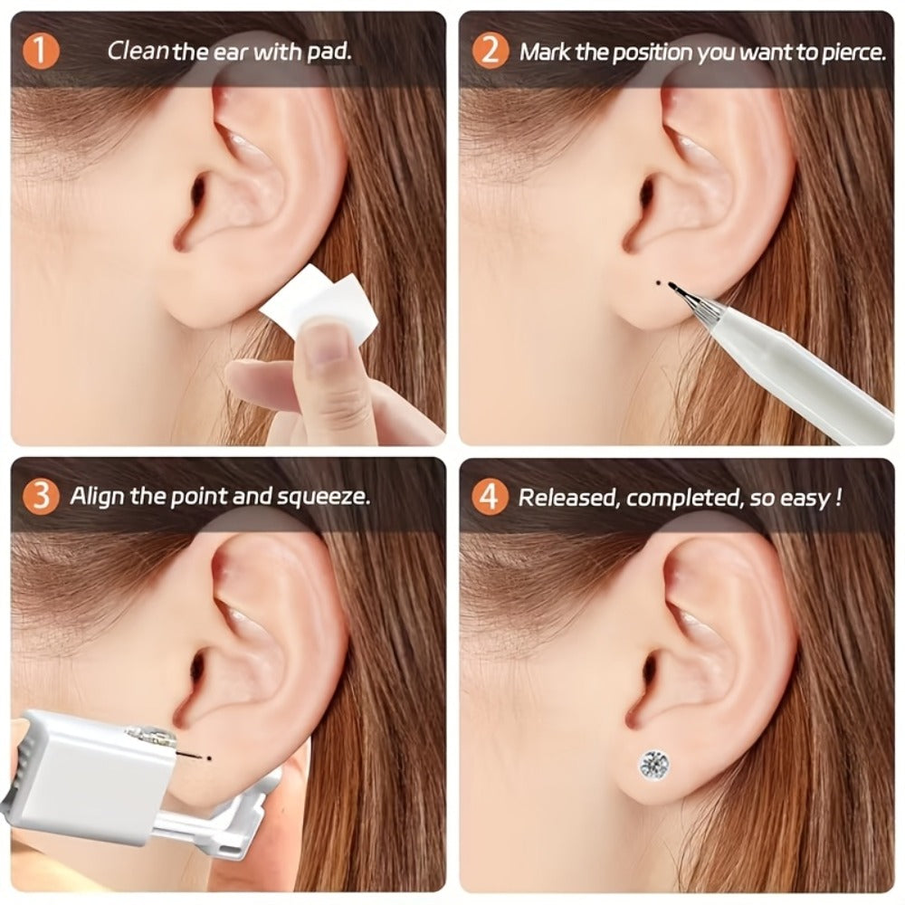Disposable Ear Piercing Gun Set 8pcs - Stainless Steel Ear Stud Piercing Tool Kit, Safe Portable Self-Piercing Device with Hypoallergenic Earrings for Home Use, Silver & Gold