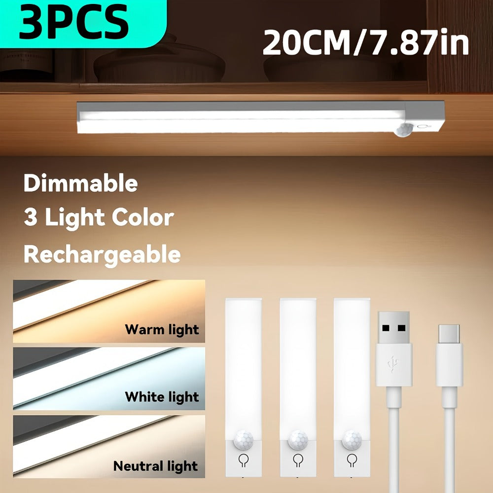 Motion Sensor Light 3 Pack USB Rechargeable LED Cabinet Light Dimmable 3 Color Temps Magnetic Base for Kitchen Closet Stairs Hallway Bedroom 7.87¡± 11.81¡±