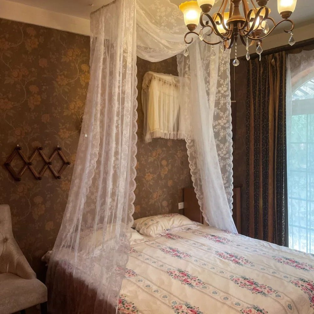 Lace Bed Canopy Mosquito Net ¨C Bohemian Romantic Sheer Bed Curtain for Bedroom, Hotel & Morocco Style Decor | Elegant White Princess Bed Drape for Twin, Full, Queen & King | 57x236 Inch