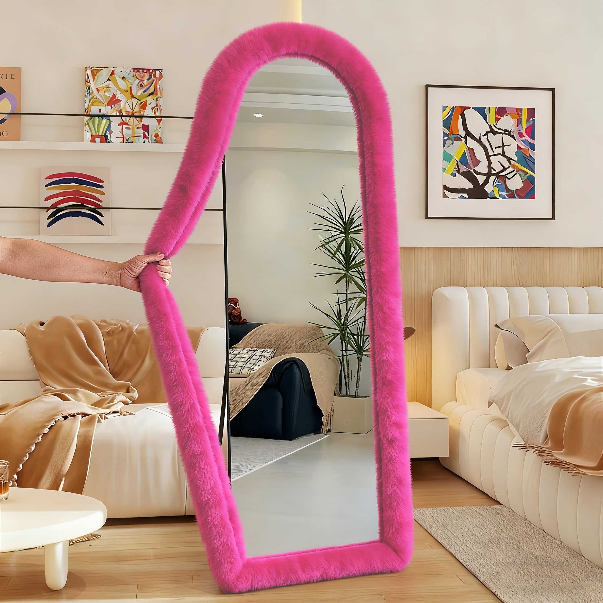 Full Length Floor Mirror Cover Fluffy Stretchable 64¡±x21¡± - Soft Non-Slip Irregular Shape Bedroom Dressing Room Mirror Sleeve 6 Colors