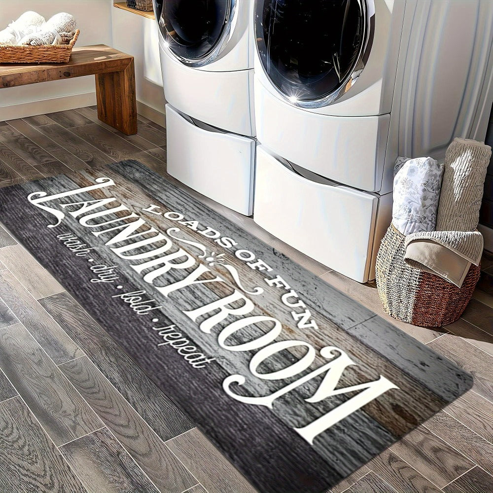 Non-Slip Laundry Room Mat Wood Grain Design - Heavy Duty Washable Rubber Backing Carpet | Rustic Dark Brown & Gray Kitchen Bathroom Rug | Durable Easy Clean Home Floor Mat in 2 Sizes