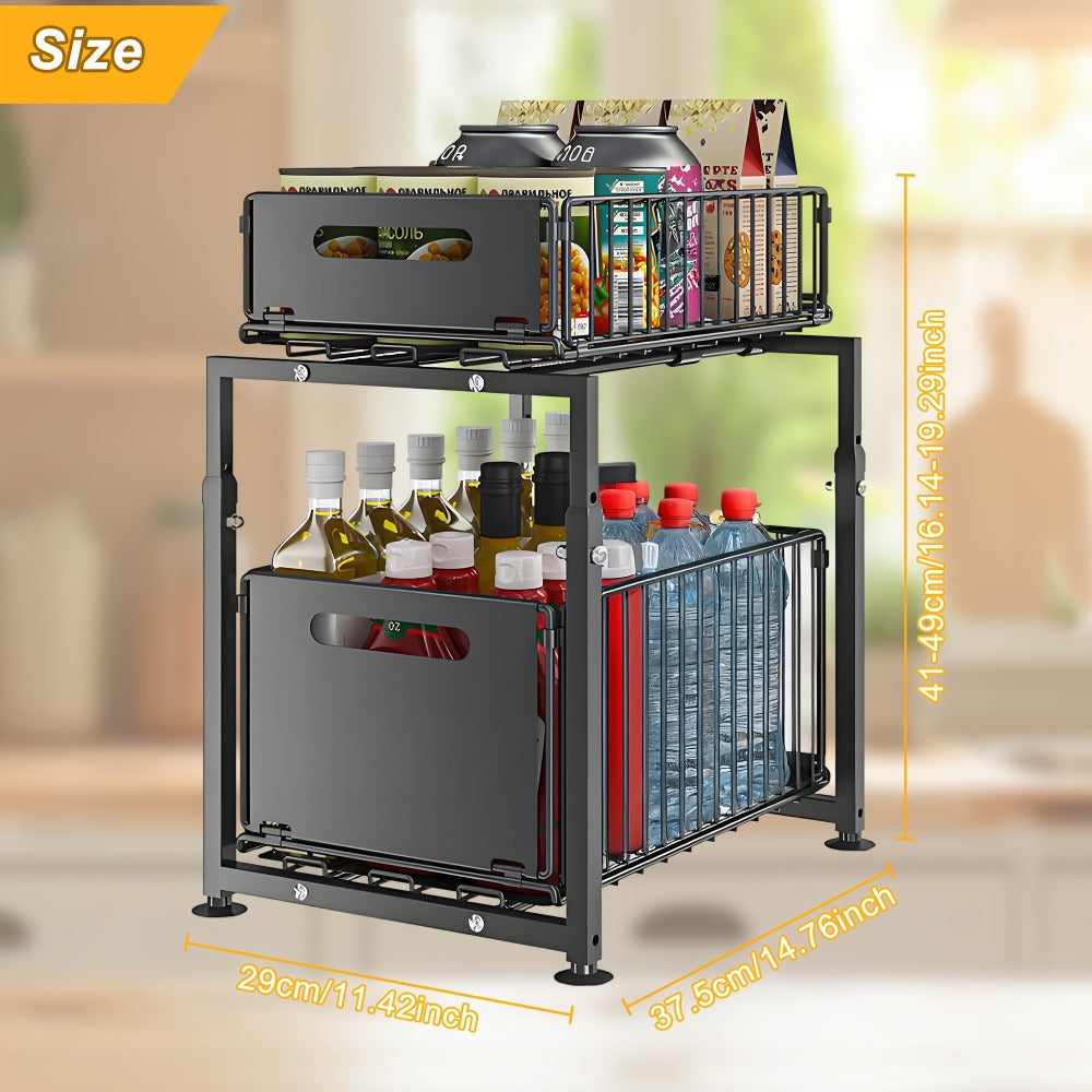 2-Tier Pull Out Cabinet Organizer No Drill Slide Out Shelf Kitchen Pantry Storage Roll Out Drawer Black