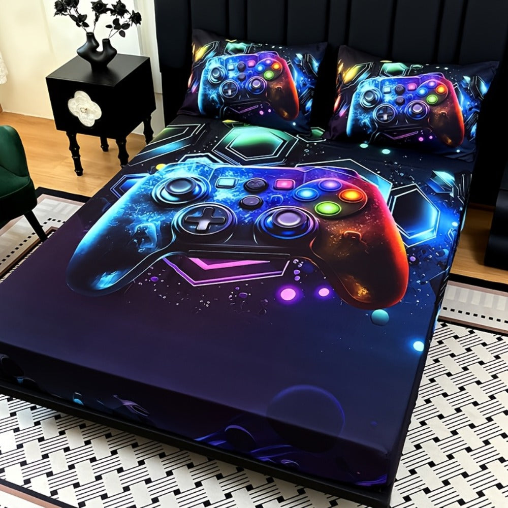 Gaming Bed Sheet Set 3pcs Fitted Sheet + 2 Pillowcases Gamepad Bedding Deep Pocket Machine Washable Boys Girls Dorm Room Decor Gift for Gamers (No Filling)