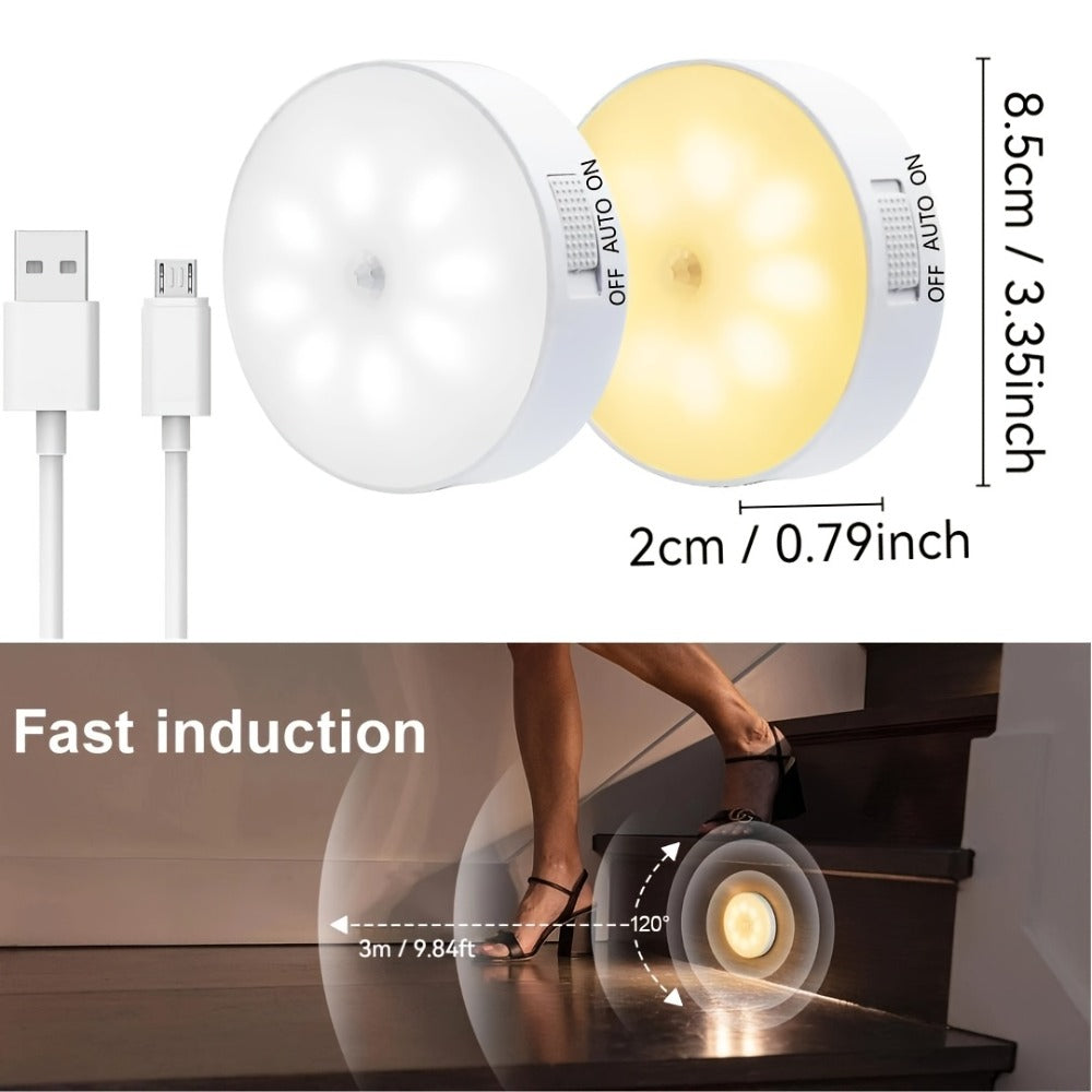 Motion Sensor Night Light 8 LED USB Rechargeable Built-in Battery Eye Protection Wireless Cabinet Light for Stairs Bedroom Closet Garage